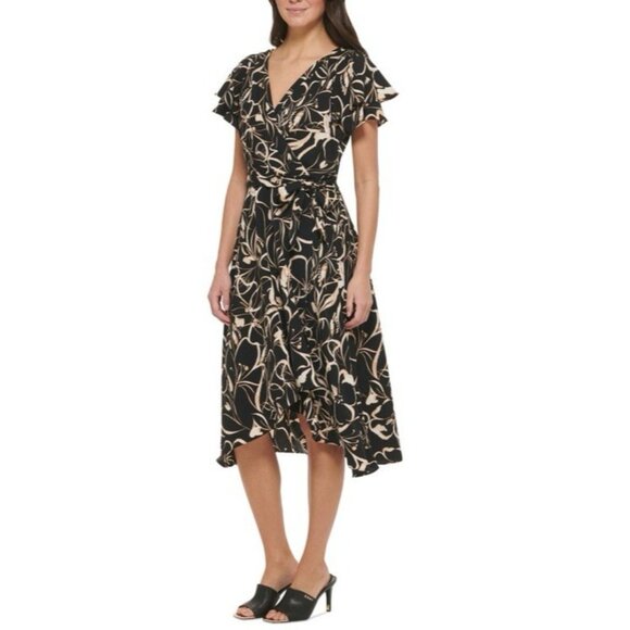 DKNY A Line Dress 8 Short Flutter Sleeve Flowy Black Brown Tan Washable NEW - Picture 14 of 16